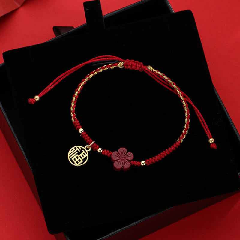 Nimara Ritual Cinnabar Flower Fu Character Blessing Braided String Bracelet