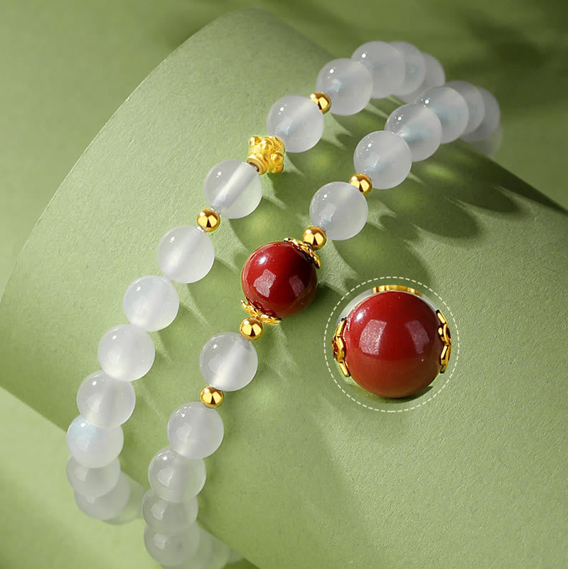 Nimara Ritual 925 Sterling Silver Natural White Agate Cinnabar Double Wrap Protection Bracelet