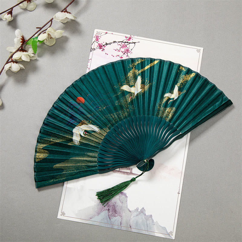 Nimara Ritual Flying White Crane Sun Cloud Handheld Silk Bamboo Folding Fan 22cm