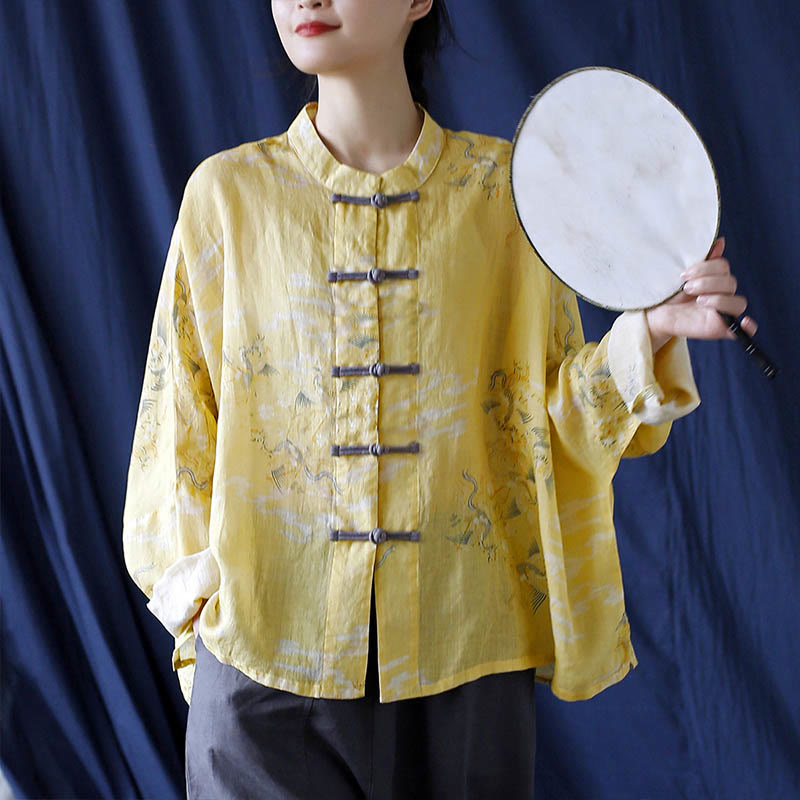 Nimara Ritual Yellow Phoenix Print Frog-button Design Long Sleeve Ramie Linen Jacket Shirt