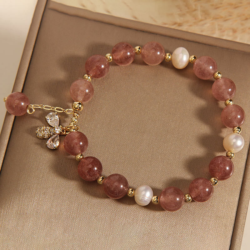 Nimara Ritual Strawberry Quartz Pearl Cute Zircon Honeybee Positive Charm Bracelet