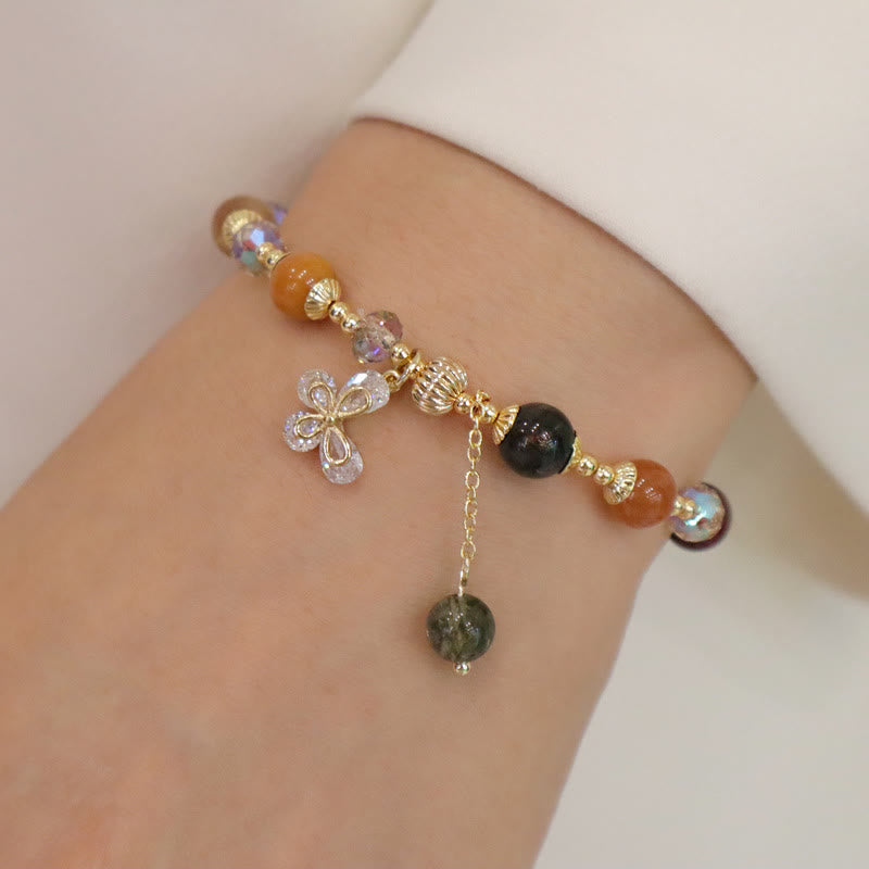 Nimara Ritual Natural Fu Lu Shou Rainbow Crystal Rutilated Quartz Wealth Butterfly Charm Bracelet