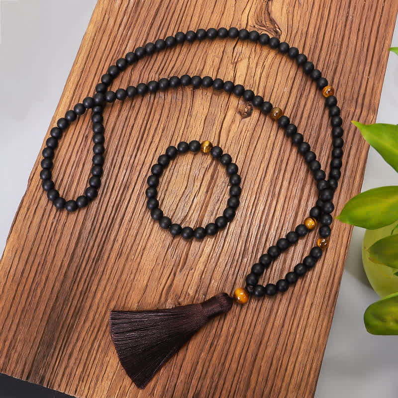 Nimara Ritual 108 Mala Beads Frosted Stone Tiger Eye Balance Bracelet Necklace Pendant