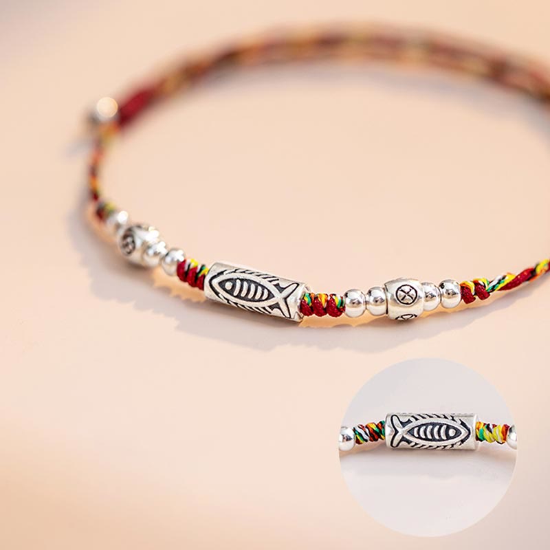 Nimara Ritual 925 Sterling Silver Luck Koi Fish Braided Colorful String Bracelet Anklet