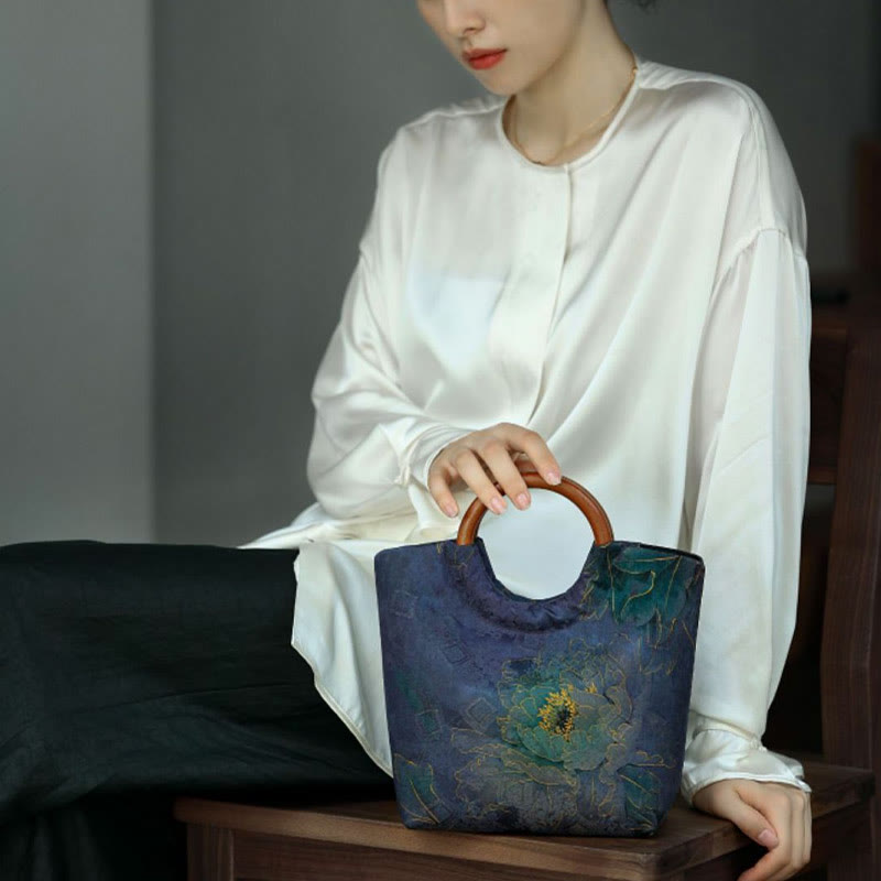 Nimara Ritual Peony Flower Bamboo Leaves Bird Solid Wood Handle Handbag