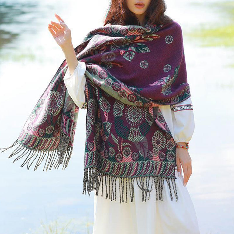 Nimara Ritual Tibetan Flower Floral Leaves Pattern Design Shawl Cozy Travel Scarf Wrap