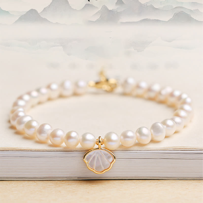 Nimara Ritual 14K Gold Plated Natural Pearl Crystal Shell Charm Bead Bracelet