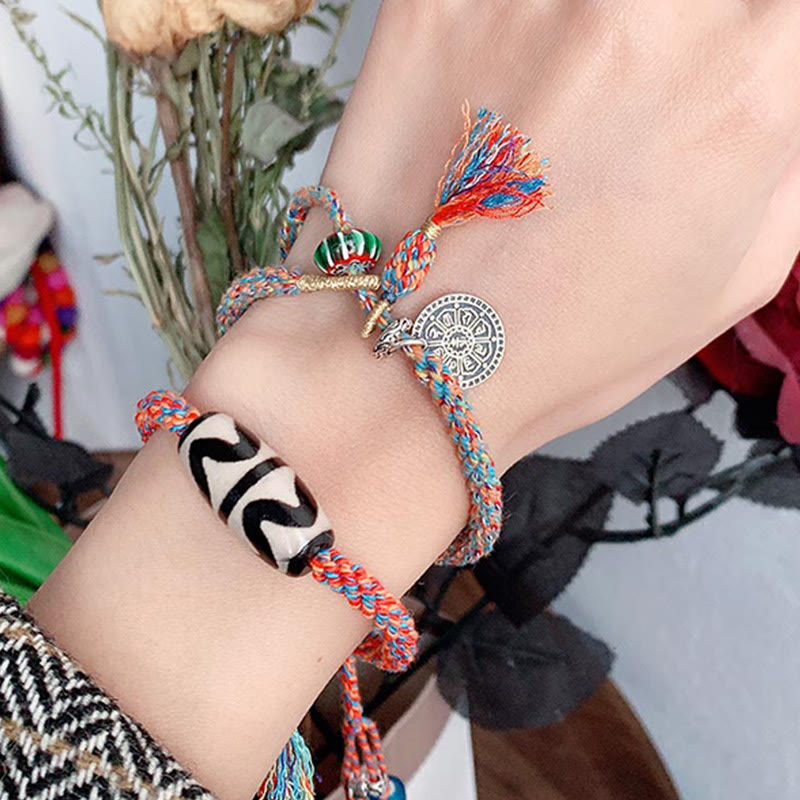 Nimara Ritual Tibetan 925 Sterling Silver Om Mani Padme Hum Handmade Dzi Bead Protection Braid Bracelet