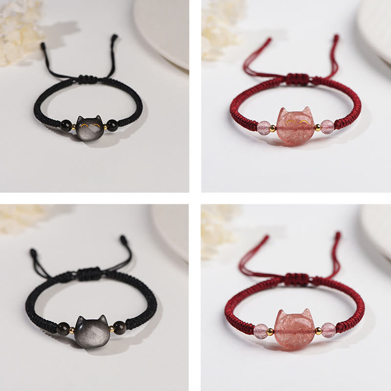 Nimara Ritual Handmade Natural Silver Sheen Obsidian Strawberry Quartz Cute Cat Protection Braided Bracelet