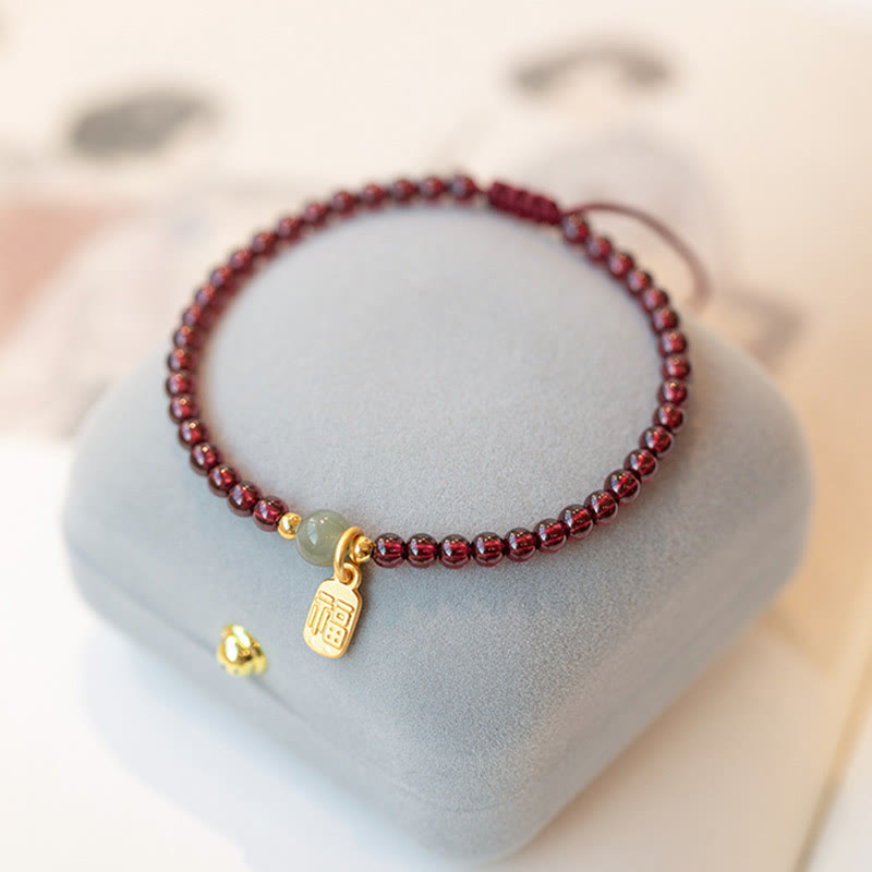 Nimara Ritual Natural Strawberry Quartz Garnet Jade Lucky Fortune Fu Character Healing Charm Bracelet