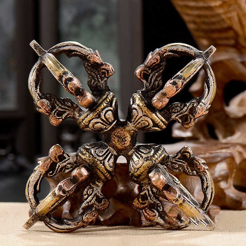 Nimara Ritual Tibetan Handmade 5 Prong Double Dorje Copper Iron Thunderbolt Strength Vajra
