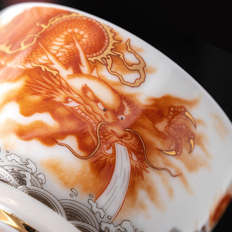 Nimara Ritual Dragon Phoenix Crane Sun Ocean Waves Gilt Ceramic Teacup Kung Fu Tea Cup 170ml