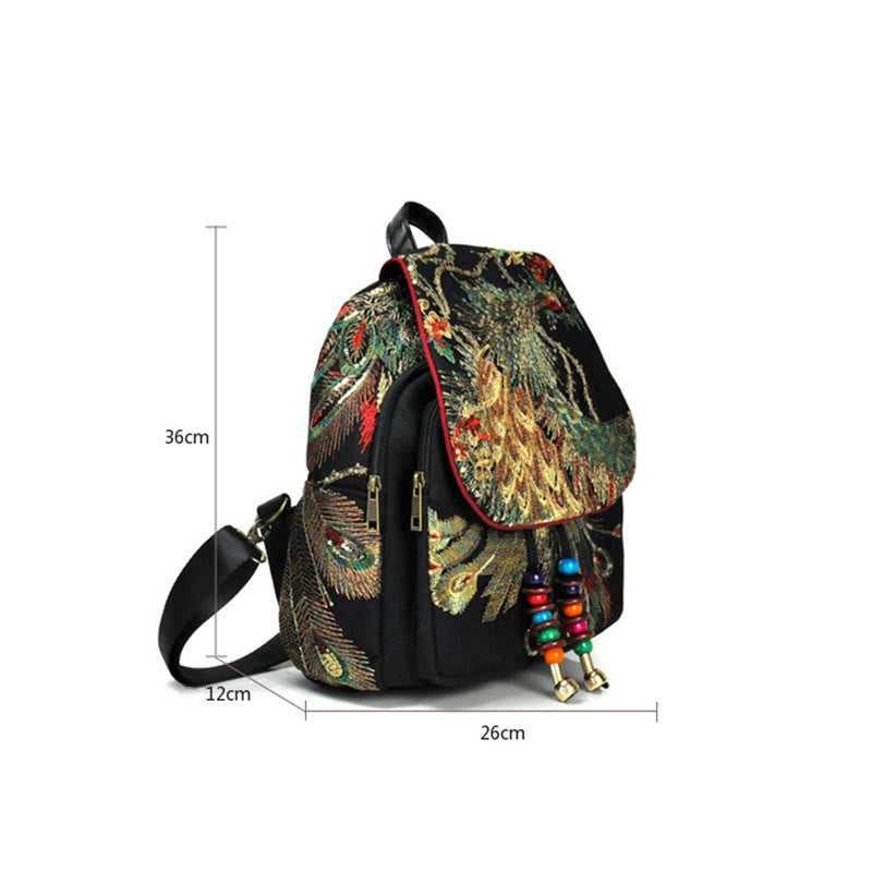 Nimara Ritual Peacock Embroidery Canvas Tassel Backpack