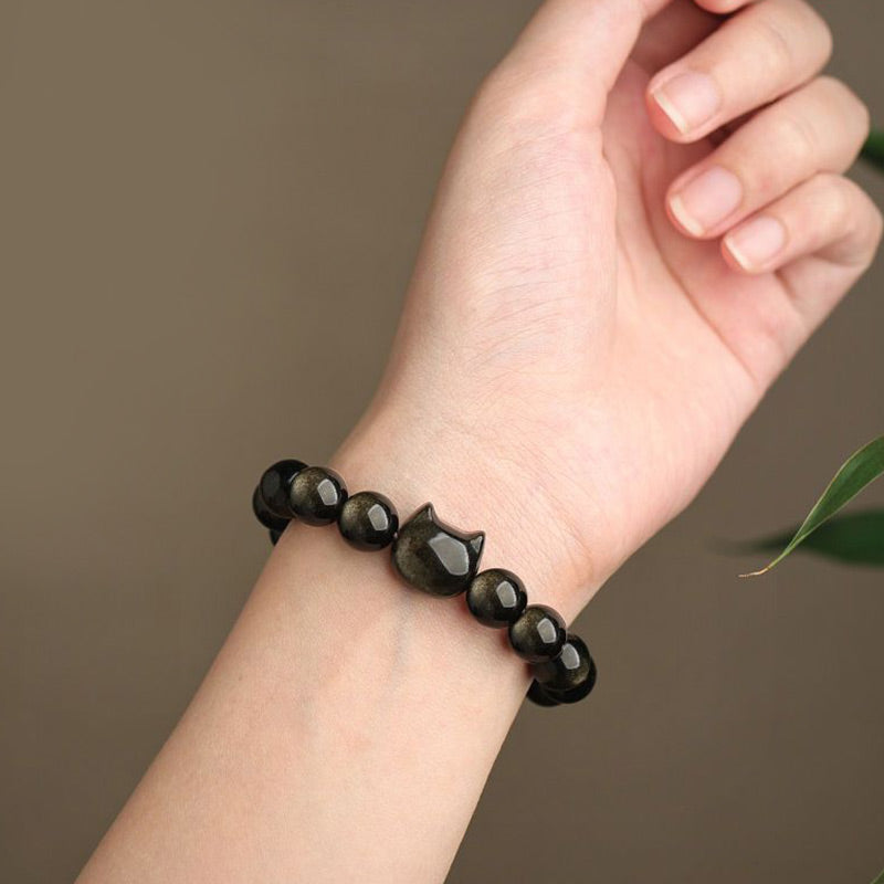 Nimara Ritual Gold Sheen Obsidian Silver Sheen Obsidian Lovely Paw Lucky Cat Protection Bracelet