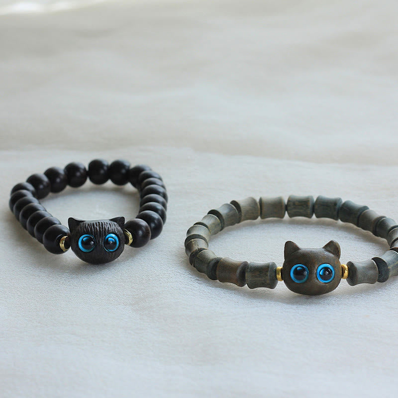 Nimara Ritual Ebony Wood Green Sandalwood Cute Cat Peace Bracelet
