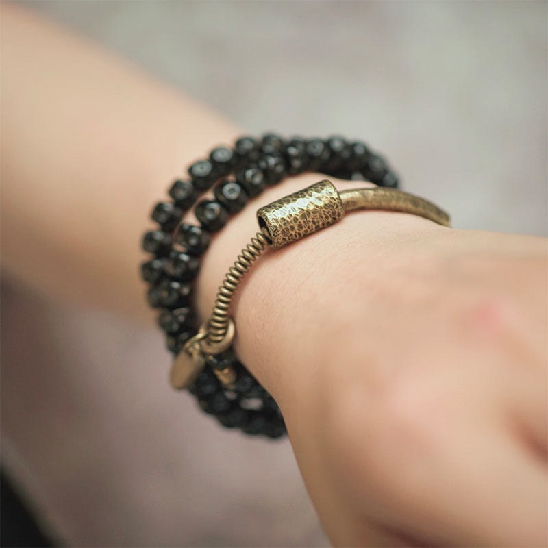 Nimara Ritual Retro Coconut Shell Brass Copper Happiness Triple Wrap Bracelet