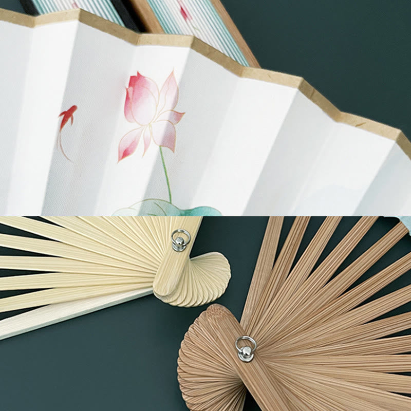 Nimara Ritual Retro Lotus Flower Leaf Mountain Lake Handheld Folding Fan With Bamboo Frames