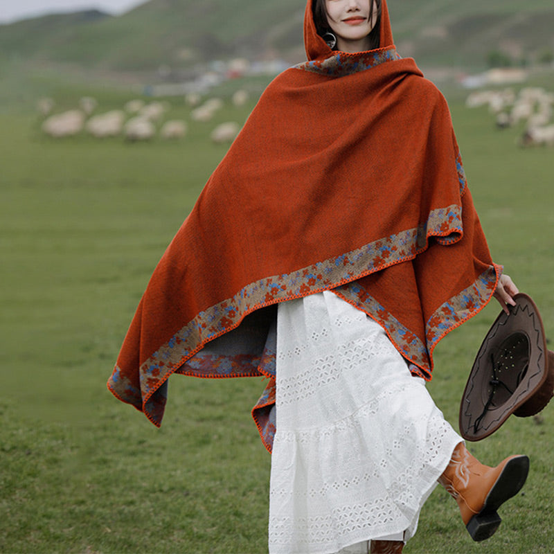 Nimara Ritual Tibetan Shawl Border Small Floral Flower Hooded Cloak Winter Cozy Travel Scarf Wrap