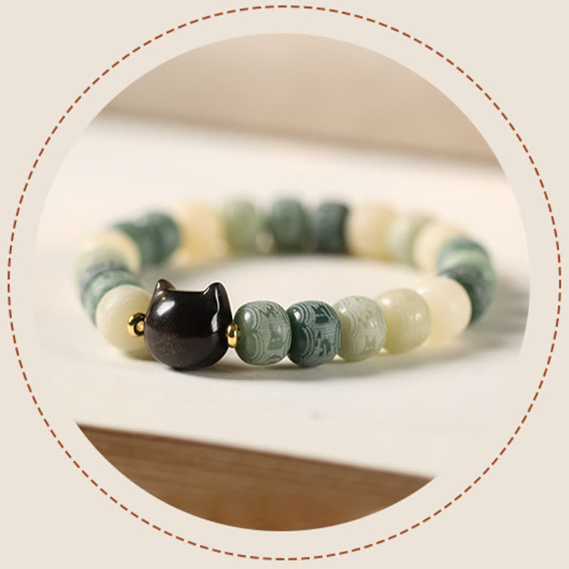Nimara Ritual Bodhi Seed Silver Sheen Obsidian Cat Head Om Mani Padme Hum Engraved Harmony Bracelet