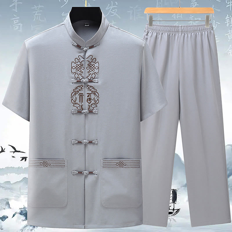 Nimara Ritual Fu Character Chinese Knotting Embroidery Tang Suit Traditional Short Sleeve Top Pants Clothing Men's Set