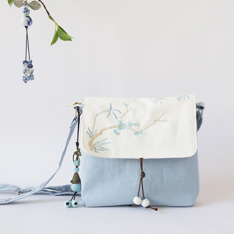 Nimara Ritual Handmade Embroidered Plum Flowers Canvas Crossbody Bag Shoulder Bag Handbag
