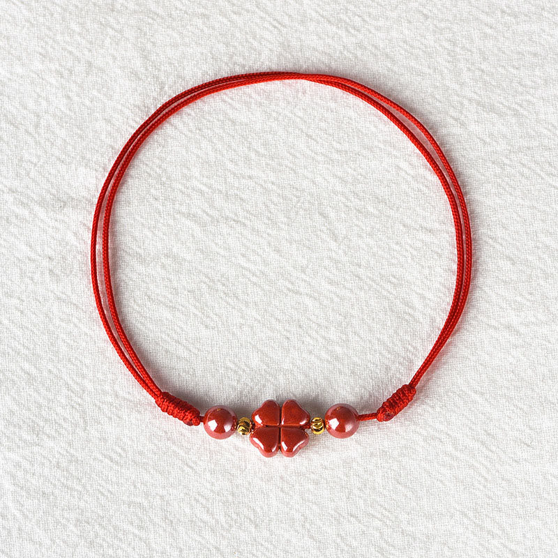 Nimara Ritual Four Leaf Clover Cinnabar Blessing Calm String Bracelet Anklet