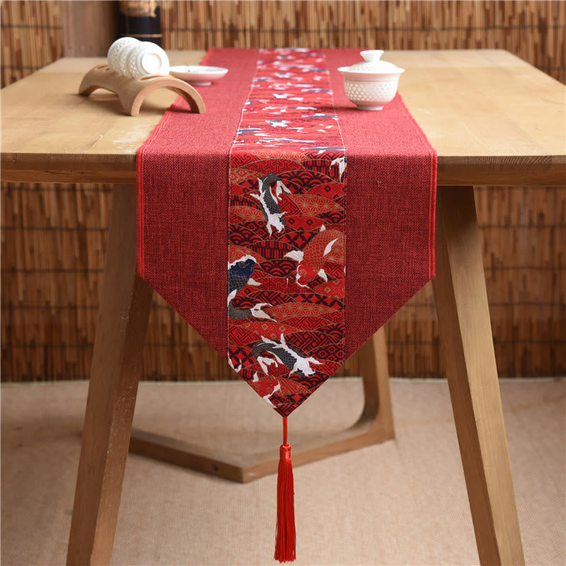Nimara Ritual Classic Chinese Style Lotus Koi Fish Flower Crane Calligraphy Enlightenment Cotton Linen Tassels Table Runner