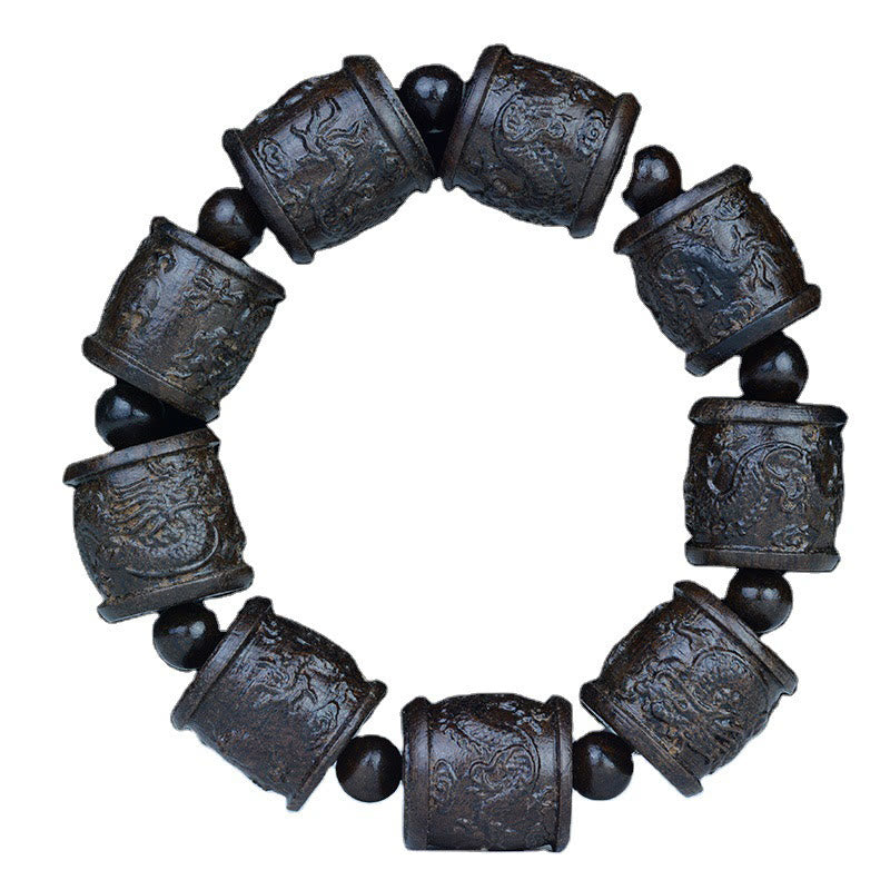 Nimara Ritual Ebony Wood Eighteen Arhats Lotus Dragon Engraved Balance Bracelet
