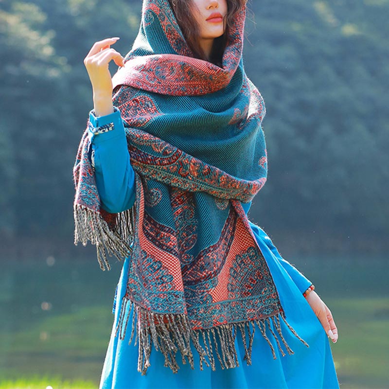 Nimara Ritual Tibetan Vine Leaves Pattern Design Shawl Cozy Travel Scarf Wrap