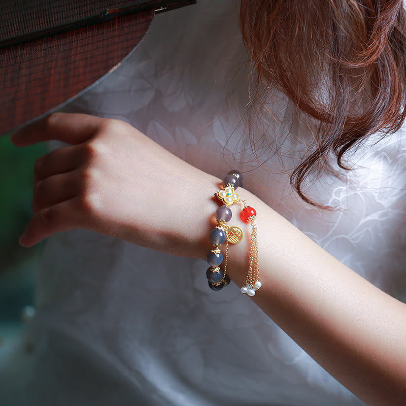 Nimara Ritual Natural Gray Agate Fu Character Pearl Tassel Balance Bracelet