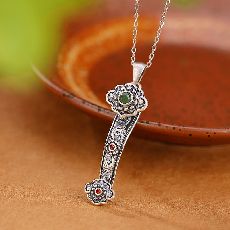 Nimara Ritual 925 Sterling Silver Red Agate Cyan Jade Auspicious Clouds Ruyi Handle Blessing Necklace Pendant