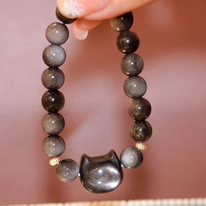Nimara Ritual Gold Sheen Obsidian Silver Sheen Obsidian Lovely Paw Lucky Cat Protection Bracelet