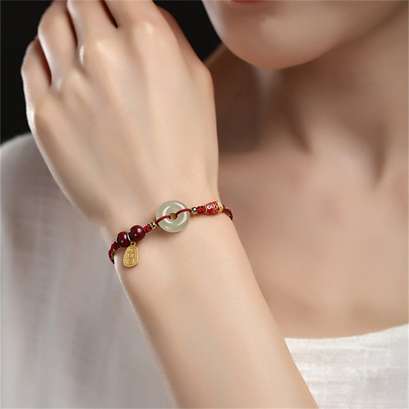 Nimara Ritual 925 Sterling Silver Koi Fish Hetian Jade Peace Buckle Luck Bracelet
