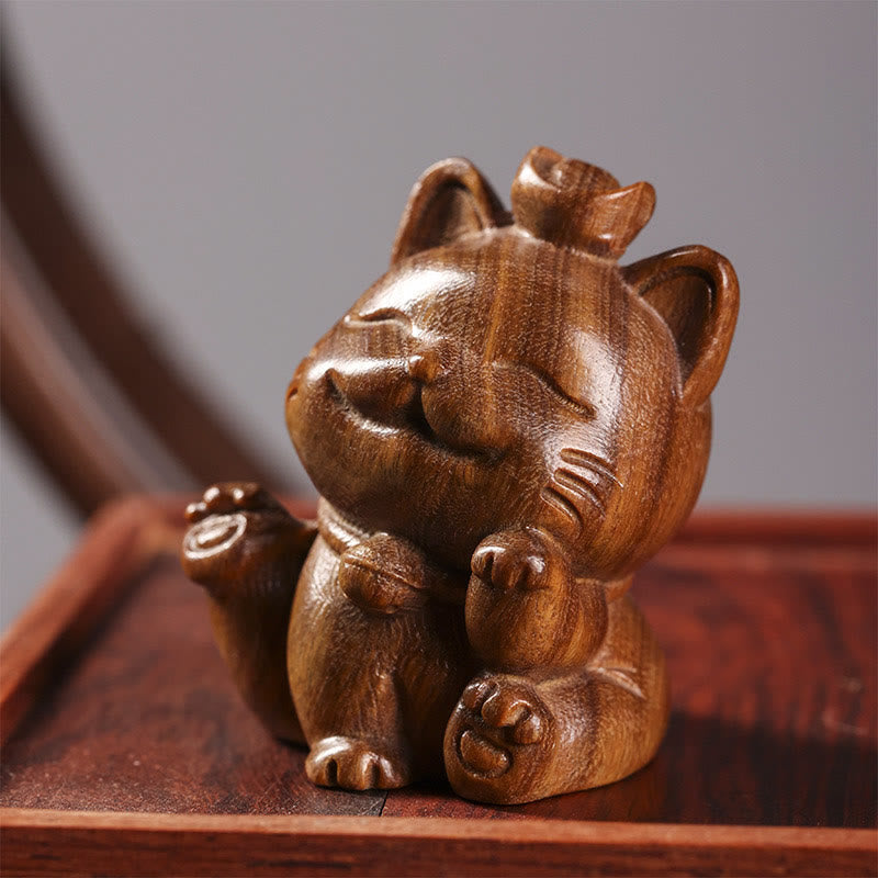 Nimara Ritual Mini Green Sandalwood Ingot Lucky Cat Carved Peace Desk Decorations