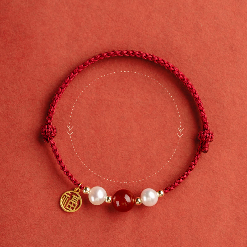 Nimara Ritual 925 Sterling Silver Good Fortune Fu Character Agate Pearl Red String Braid Bracelet