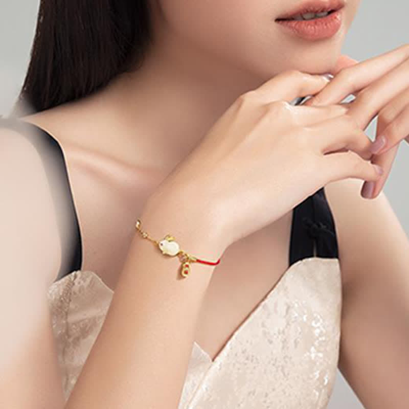 Nimara Ritual Year of the Rabbit White Jade Happiness Red String Chain Bracelet