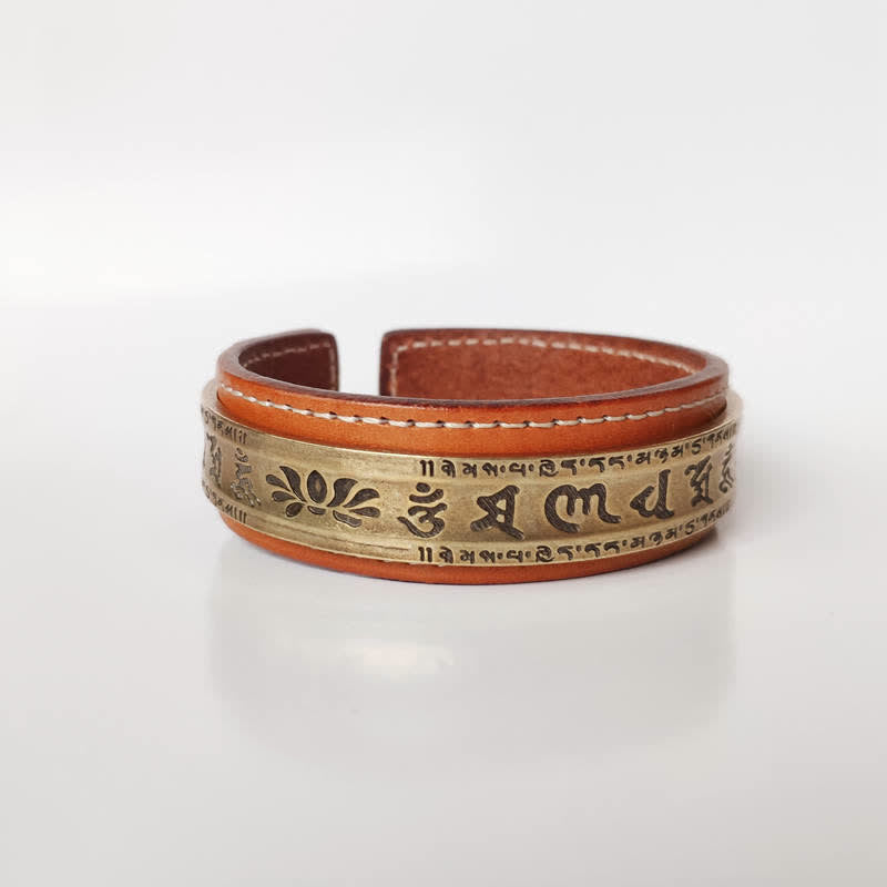 Nimara Ritual 2Pcs Om Mani Padme Hum Dragon Phoenix Copper Leather Peace Cuff Bracelet Bangle