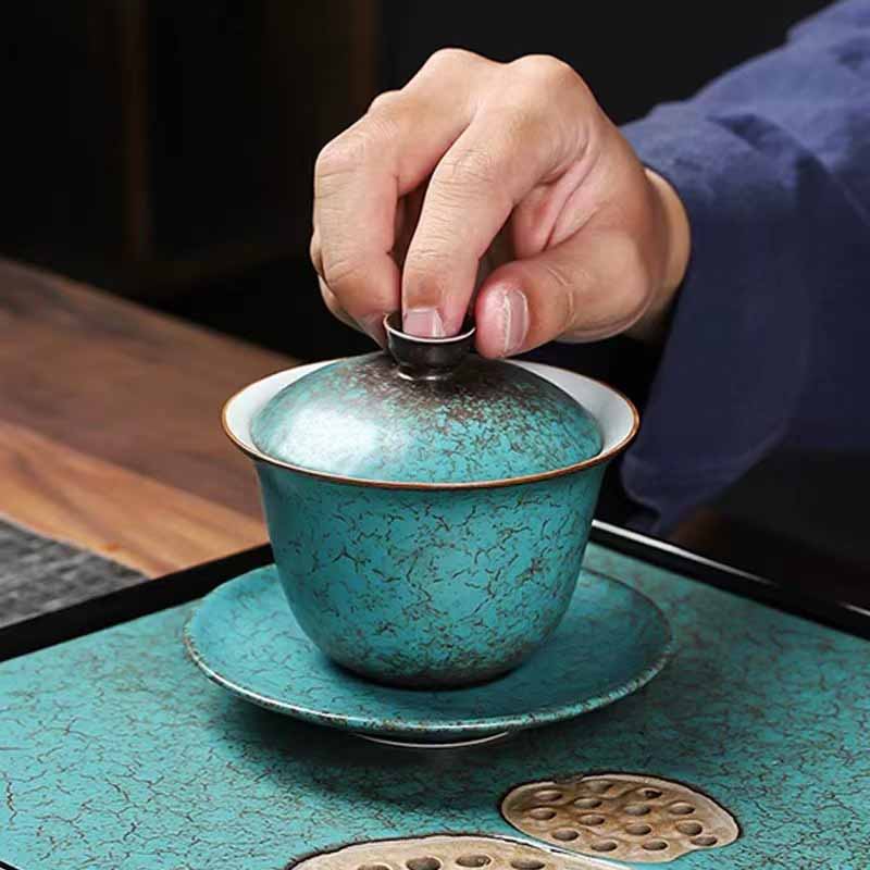 Nimara Ritual Traditional Pine Tree Green Ceramic Gaiwan Sancai Teacup Kung Fu Tea Cup And Saucer With Lid