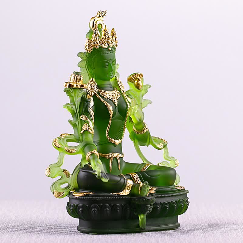 Nimara Ritual Bodhisattva Green Tara Handmade Liuli Crystal Art Piece Protection Home Office Statue Decoration