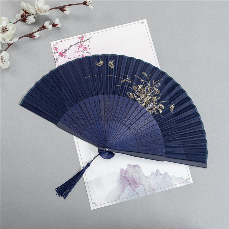 Nimara Ritual Crane Dragonfly Lotus Peony Plum Blossom Butterfly Handheld Silk Bamboo Folding Fan 22.5cm