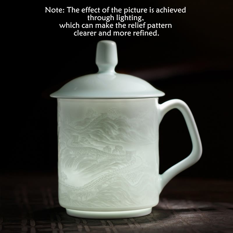 Nimara Ritual Jingdezhen White Porcelain Handmade Great Wall Landscape Engraved Ceramic Teacup Office Mug Tea Cups