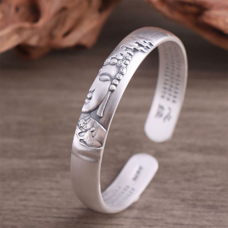 Nimara Ritual 999 Sterling Silver Buddha Head Heart Sutra Serenity Bracelet Bangle