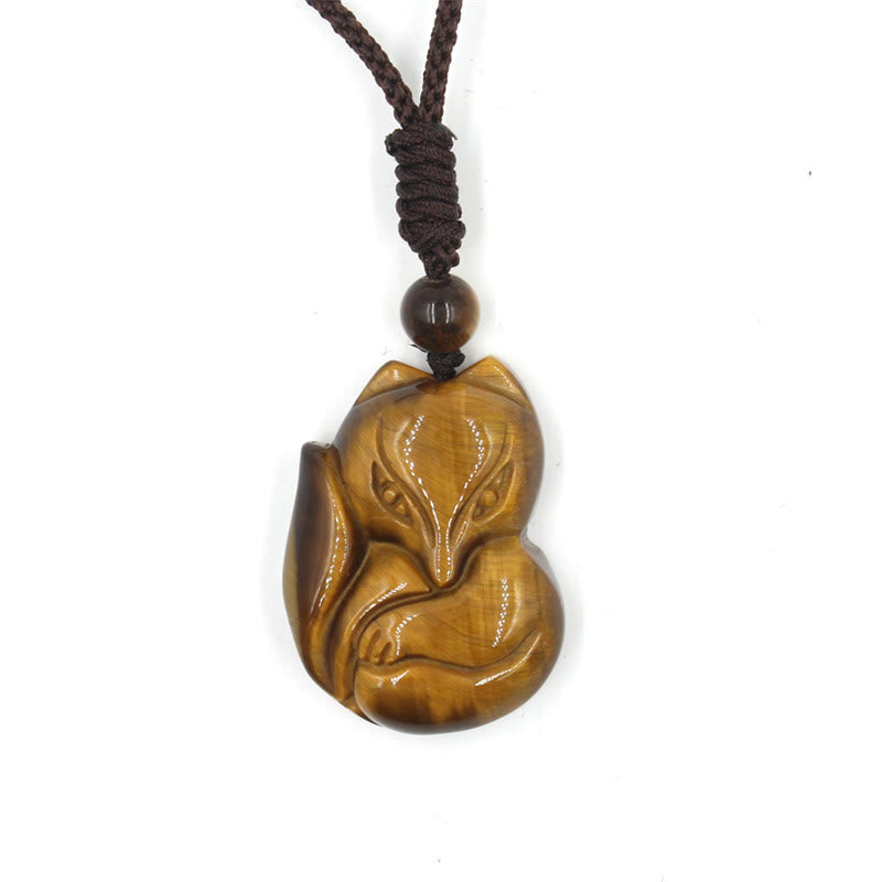 Nimara Ritual Natural Black Obsidian Tiger Eye Ice Obsidian Fox Pendant Amulet Necklace