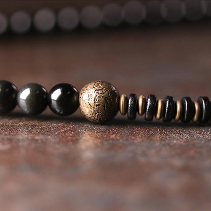Nimara Ritual Rainbow Obsidian Ebony Wood Copper Positive Multilayer Bracelet