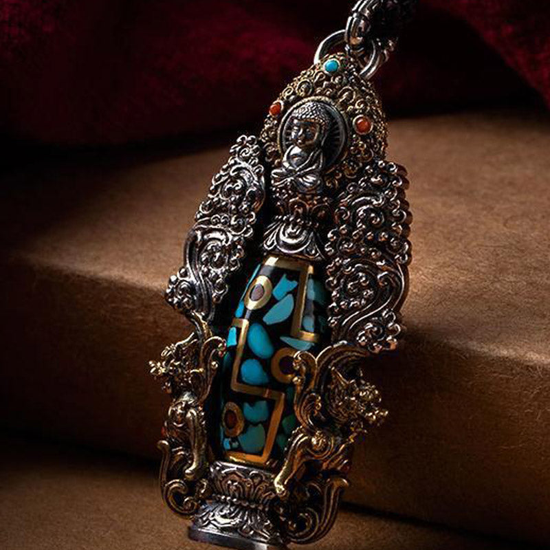 Nimara Ritual Tibetan Nine-Eye Dzi Bead Turquoise Buddha Wealth Rotation Necklace