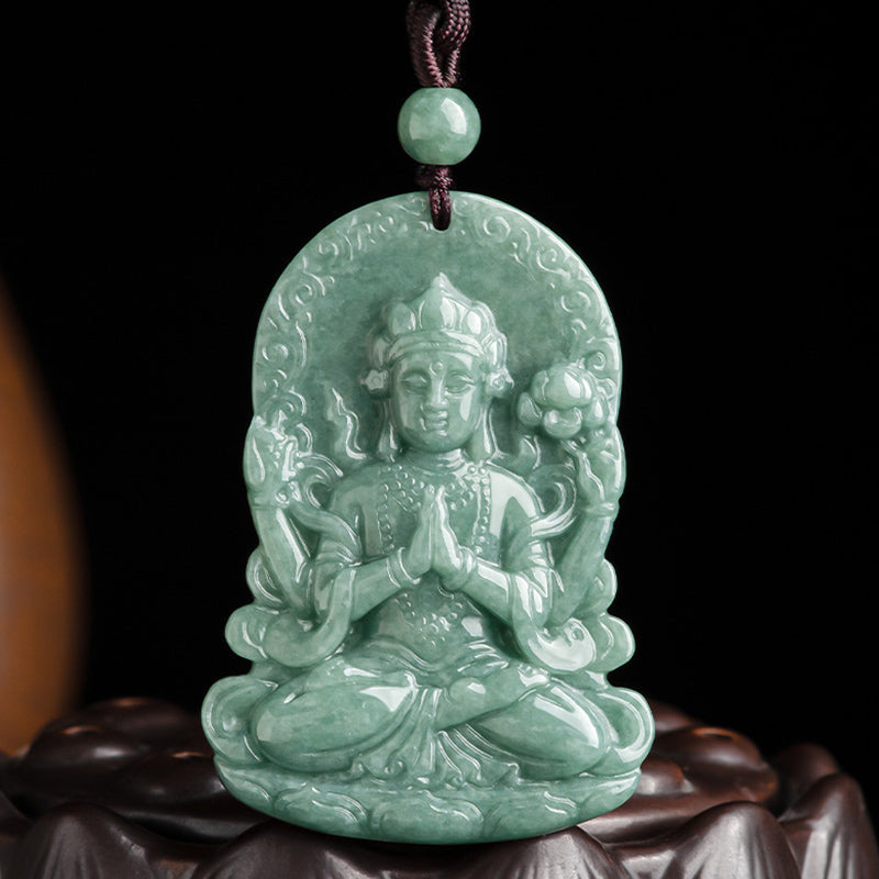 Nimara Ritual Four-armed Avalokitesvara Natural Jade Amulet Blessing String Necklace