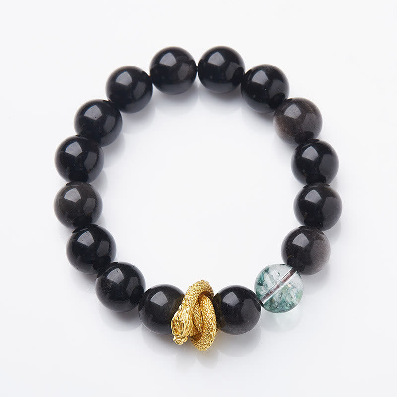 Nimara Ritual Natural Silver Sheen Obsidian Dragon Green Phantom Protection Bracelet
