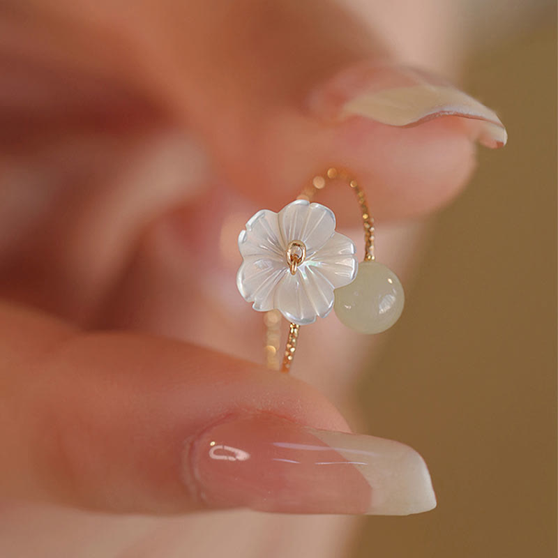 Nimara Ritual 14k Gold Plated Round Hetian Jade Tridacna Stone Peach Blossom Flower Butterfly Prosperity Adjustable Ring