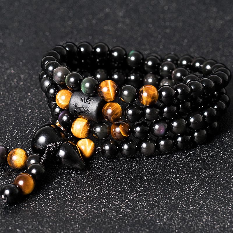 Nimara Ritual Natural Black Obsidian Rainbow Obsidian Gourd Blessing Bracelet Mala