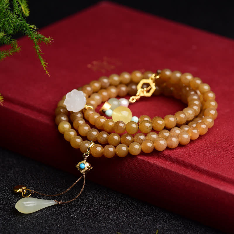 Nimara Ritual Natural Hetian Topaz Amber Lotus White Jade Pearl Success Bracelet